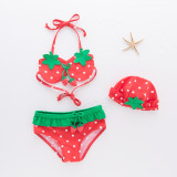 Toddler Girl Print Red Strawberry Bikinis With Swim Cap
