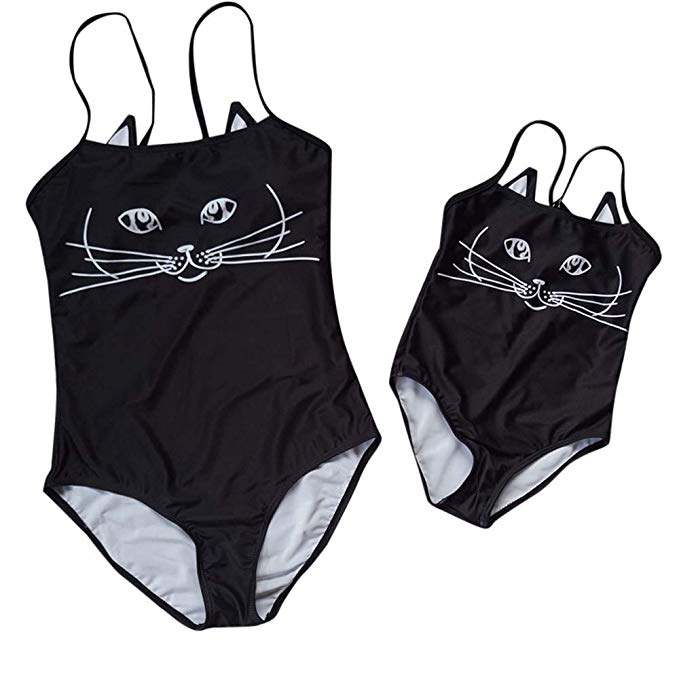 Mommy and Me Matching Swimwear Print Black Cartoon Cat Matching Swimsuit