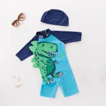 Kid Boys 3D Print Dinosaur Swimsuit With Swim Cap
