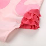 Kid Girls' Print Pink Two Flamingos Ruffles One Piece Beach Swimwear With Swimming Cap
