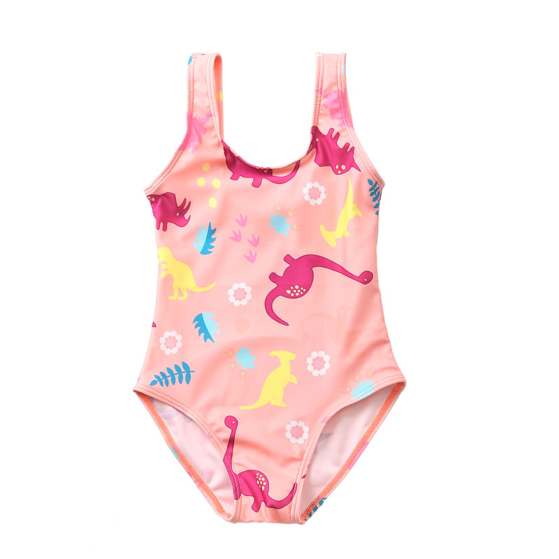 Kid Girls' Pink Print Dinosaurs  One Piece Beach Swimwear
