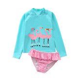 Kid Girls' Print Flamingos Swimwear Sets Long Sleeve Top and Dots Shorts