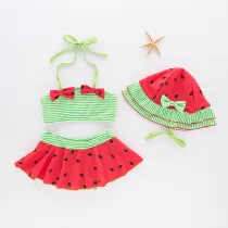 Toddler Girl Print Green Watermelon Bikinis With Swim Cap