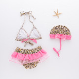 Girls' Leopard Print Rufflles Bikinis With Swim Cap