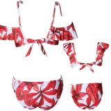 Mommy and Me Matching Swimwear Prints Red Leafs Rufflles Bikini Swimsuit
