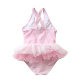 Kid Girls' Print Swan Tutu One Piece Swimsuit Pink Beach Swimwear With Swimming Cap