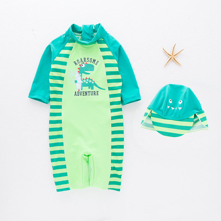 Toddler Boys Print Dinosaur Stripes Swimsuit With Swim Cap