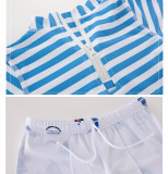 Kid Boys Blue Stripes Print Sailboat Two-pieces Swimwear With Swim Cap