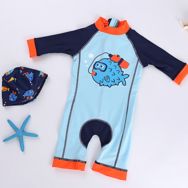 Toddler Boys Print Fish Blue Swimsuit With Swim Cap