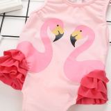Kid Girls' Print Pink Two Flamingos Ruffles One Piece Beach Swimwear With Swimming Cap