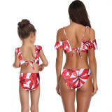 Mommy and Me Matching Swimwear Prints Red Leafs Rufflles Bikini Swimsuit
