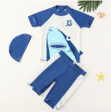Kid Boys Print Shark Swimwear Sets Short Sleeve Top and Trunks With Swim Cap
