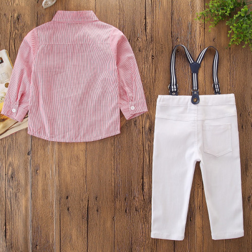 Boys 3-Piece Outfits Pink Stripes Long Sleeves Shirt and White Suspender Pant Dressy Up Clothes