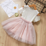 Girls Prints Rabbit Pompoms Cold-Shoulder Blouse and Tutu Pearls Skirt Two-Piece Outfit