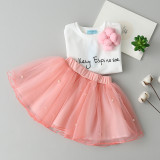 Girls Slogan Long Sleeves Tee and Pink Pearls Tutu Skirt Two-Piece Outfit