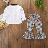 Girls White Rufflers Shirt and Print Houndstooths Sunflowers Flared Pant Two-Piece Outfit