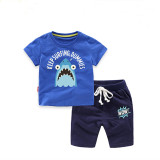 Boys Print Shark T-shirts and Slogan Short Two-Piece Outfit