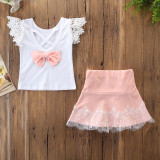 Girls Ruffles Lace Blouse and Pink Skirt Two-Piece Outfit
