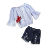 Girls Bell Sleeves Embroidery Blouse and Ripped Denim Shorts Two-Piece Outfit