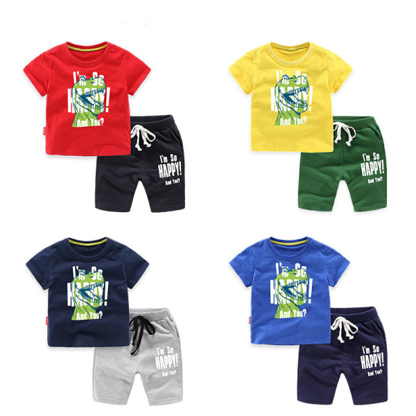 Boys Print Dinosaur T-shirts and Slogan Short Two-Piece Outfit