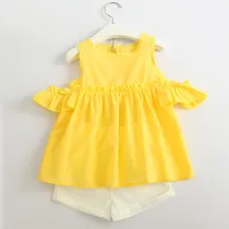 Girls Yellow Ruffles Cold-Shoulder Blouse and White Shorts Two-Piece Outfit