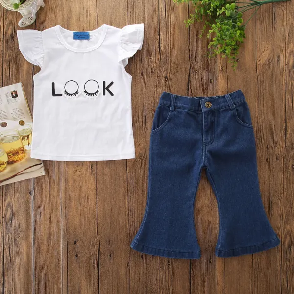 Girls Ruffles Print Pearls Blouse and Flared Jeans Two-Piece Outfit