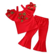 Girls Embroidery Rose Straps Ruffles Blouse and Flared Pant Two-Piece Outfit