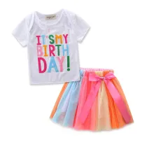 Girls Birthday T-shirt and Colorful Tutu Skirt Two-Piece Outfit