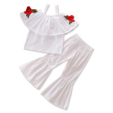Girls Embroidery Rose Straps Ruffles Blouse and Flared Pant Two-Piece Outfit