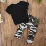 Boys Print King T-shirts and Camouflage Pant Two-Piece Outfit