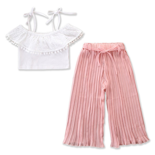 Girls White Cut Out Pompom Straps Tops and Pink Folded Pants Two-Piece Outfit