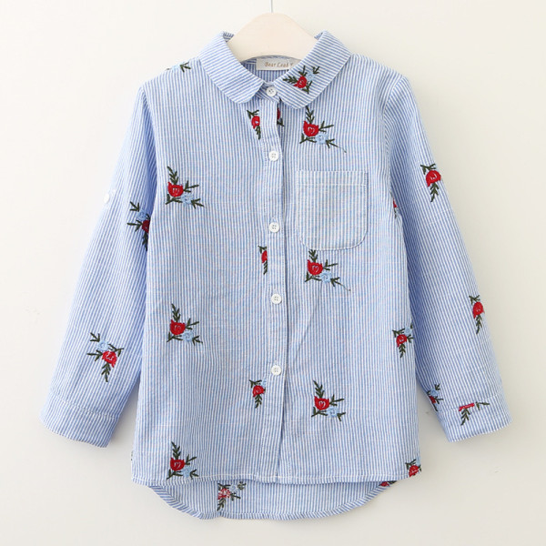 Girls Embroidery Flowers Stripes Long Sleeves Shirts