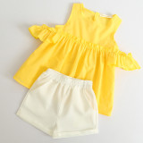 Girls Yellow Ruffles Cold-Shoulder Blouse and White Shorts Two-Piece Outfit