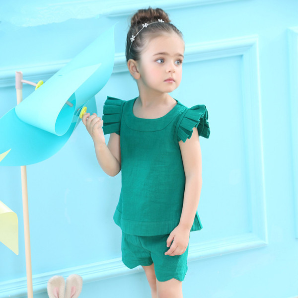 Girls Ruffles Sleeves Blouse and Shorts Two-Piece Outfit