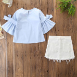 Mommy and Me Bell Sleeves Blouse and White Denim Skirt Two-piece Outfits With Hairband