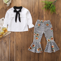 Girls White Rufflers Shirt and Print Houndstooths Sunflowers Flared Pant Two-Piece Outfit