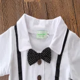 Boys 3-Piece Outfits White Suspender T-Shirt and Overalls Denim Shorts Dressy Up Clothes With Tie