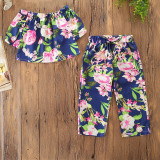 Girls Flowers Off The Shoulder Blouse and Pant Two-Piece Outfit