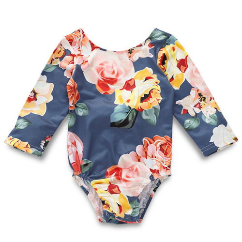 Baby Girl Print Flowers Long Sleeve Cotton Bodysuit With Lace Bowknot