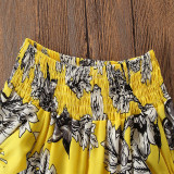 Girls Print Yellow Flower Bell Sleeves Off The Shoulder Blouse and Plaids Pant Two-Piece Outfit