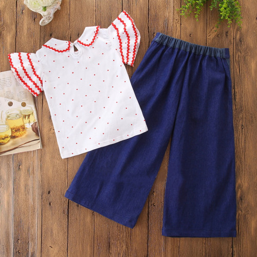 Girls Ruffles Sleeves Dots Blouse and Denim Jeans Two-Piece Outfit