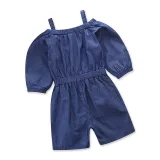 Girls Blue Slip Off The Shoulder Denim Romper Jumpsuits