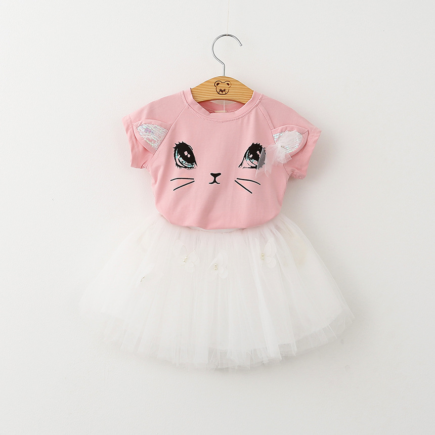 Girls Print Cat Sequins T-shirt and Butterfly Pearls Tutu Two-Piece Outfit