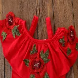 Girls Embroidery Rose Straps Ruffles Blouse and Flared Pant Two-Piece Outfit