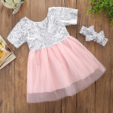 Girls Silver Sequins Tutu Bowknot Pink Lace Short Sleeves Princess Dress With Headhand