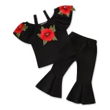 Girls Embroidery Rose Straps Ruffles Blouse and Flared Pant Two-Piece Outfit