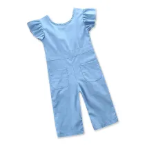 Girls Blue Ruffles Sleeves Denim Jumpsuits