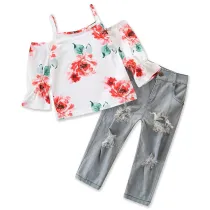 Girls Straps Flowers Bell Sleeves Blouse and Ripped Jeans Two-Piece Outfit