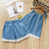 Girls Hollow Out Vest and Denim Lace Shorts Two-Piece Outfit