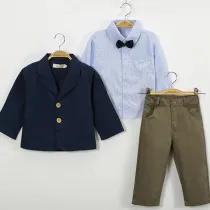 Boys 4-Piece Outfits Blue Long Sleeves Shirt Match Suits and Khaki Pant Dressy Up Clothes